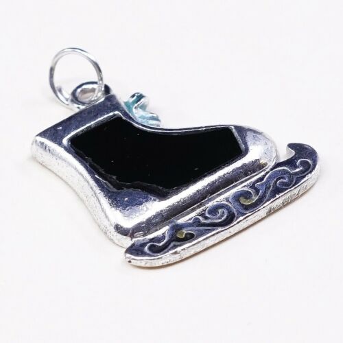 Vintage Sterling Silver Handmade Skating Shoe Pendant, Enamel Ice skate