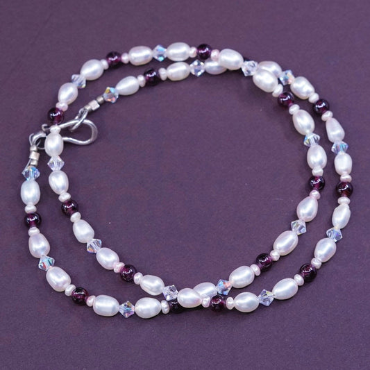 17", Sterling silver handmade necklace 925 clasp freshwater pearl garnet beads