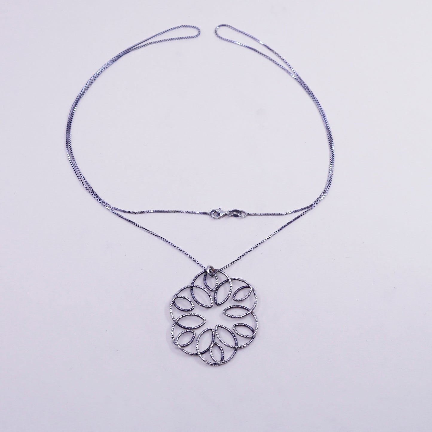 30”, vintage 925 sterling silver necklace, box chain entwined flower pendant