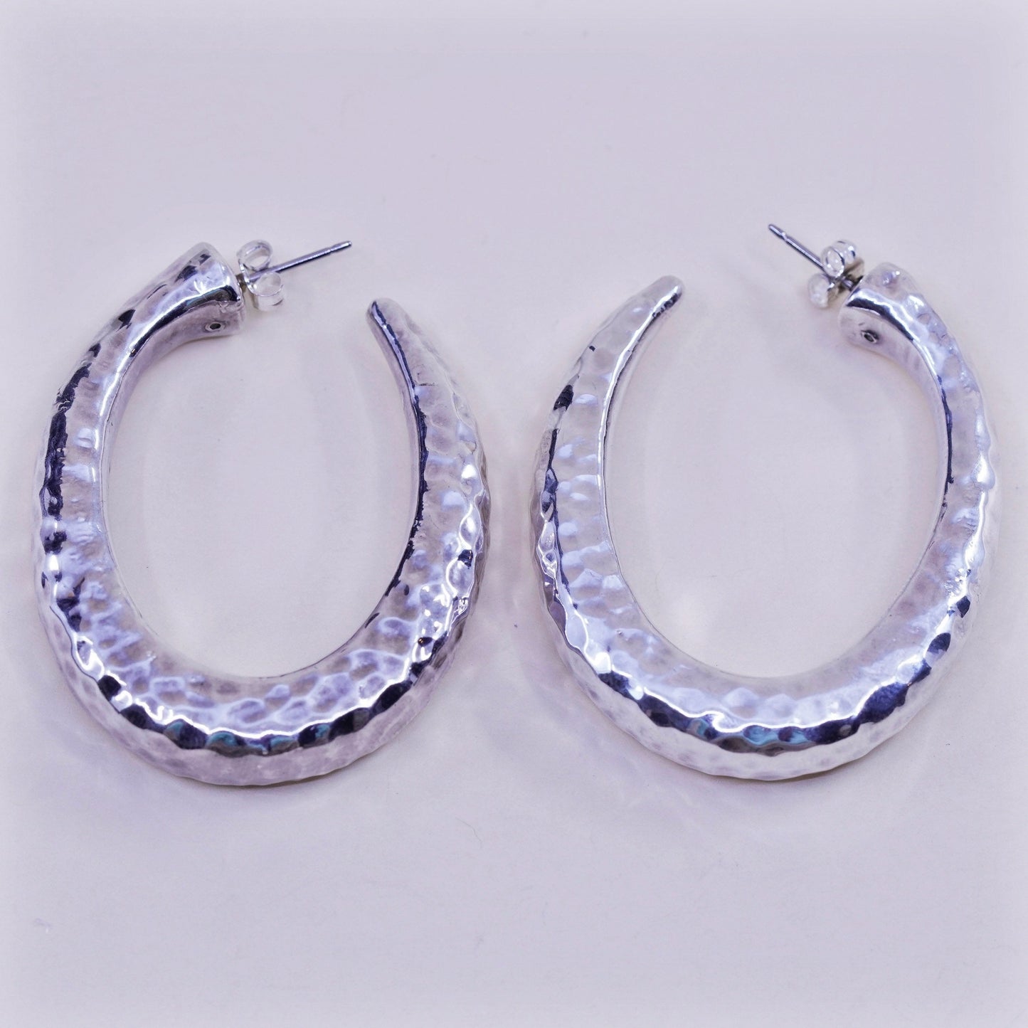 1.75” Vintage sterling 925 silver earrings, textured hammered primitive hoops