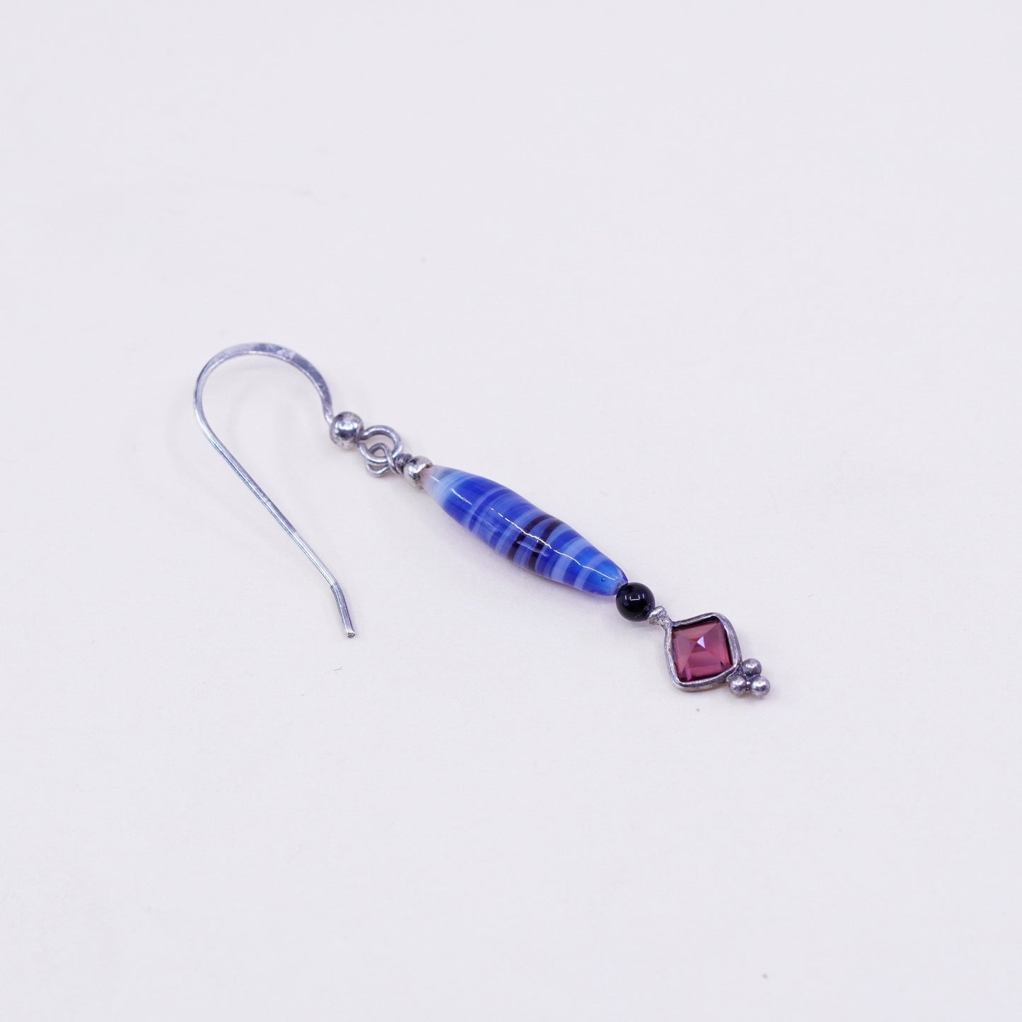 Sterling silver handmade earrings, 925 hooks w/ blue artisan glass drops N ruby