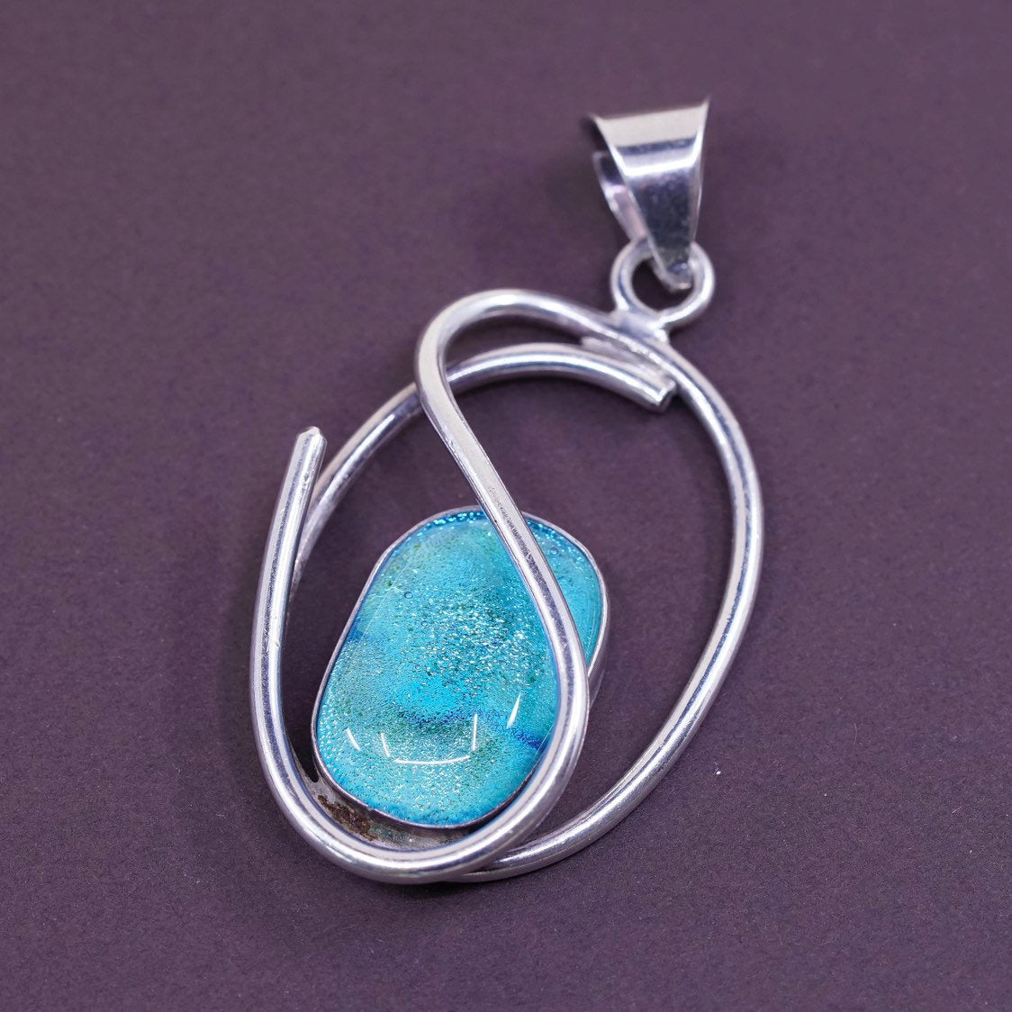 vtg Sterling silver handmade pendant, 925 w/ blue foil glass, unique