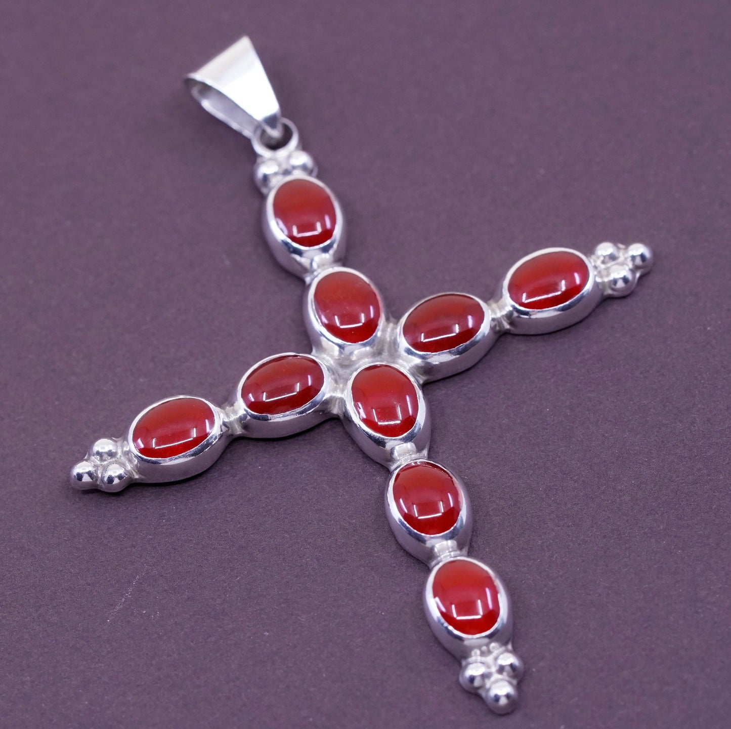 Vintage Sterling silver handmade pendant, huge 925 cross with carnelian