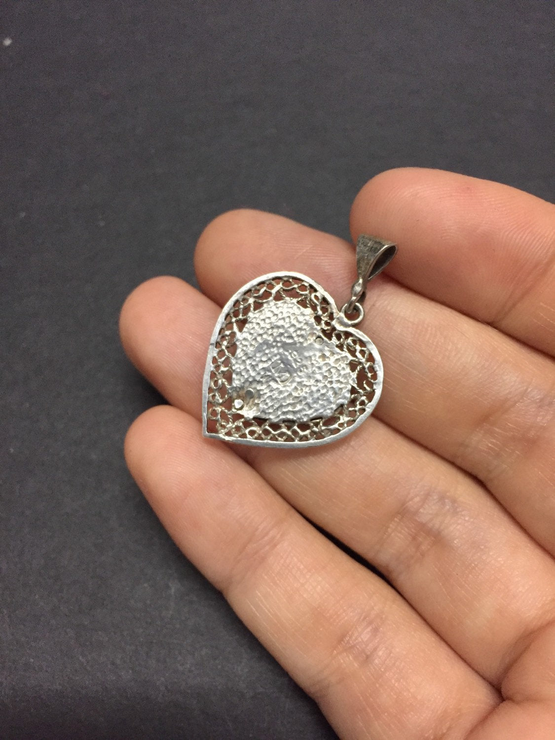 vintage sterling silver handmade pendant, 925 silver filigree heart pendant
