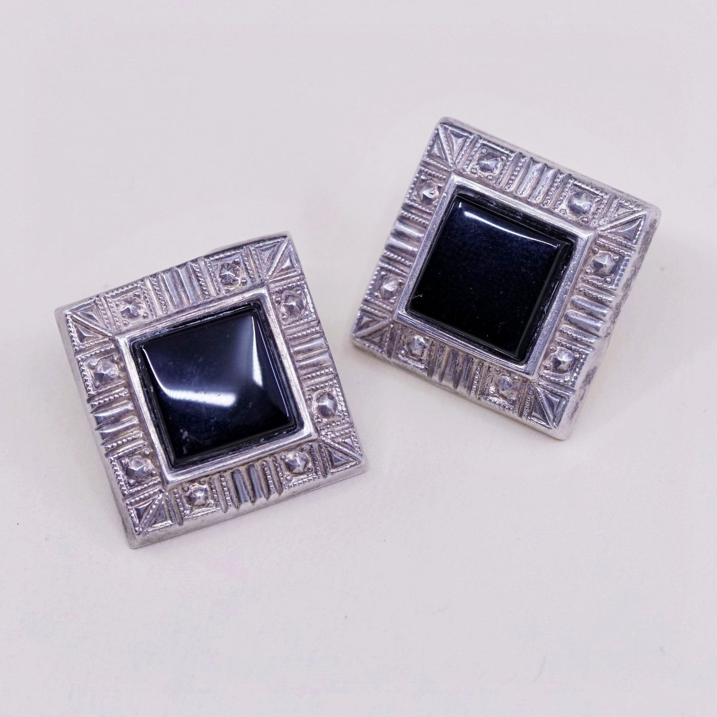 Vintage Sterling silver handmade earrings, Modern 925 stud with square obsidian