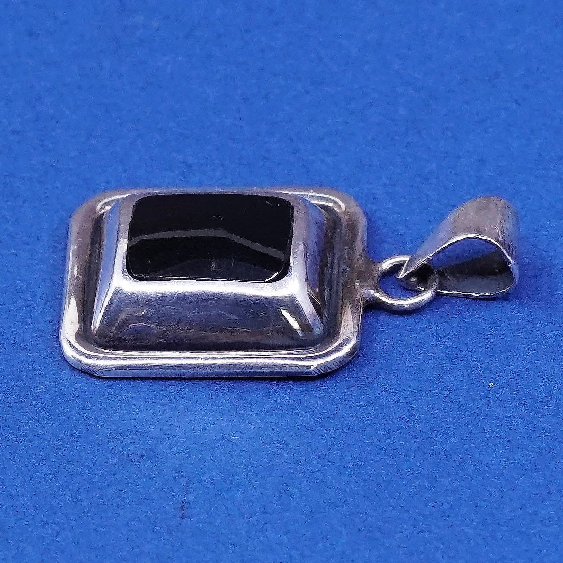 vtg Sterling silver handmade pendant, mexico 925 cable w/ square obsidian