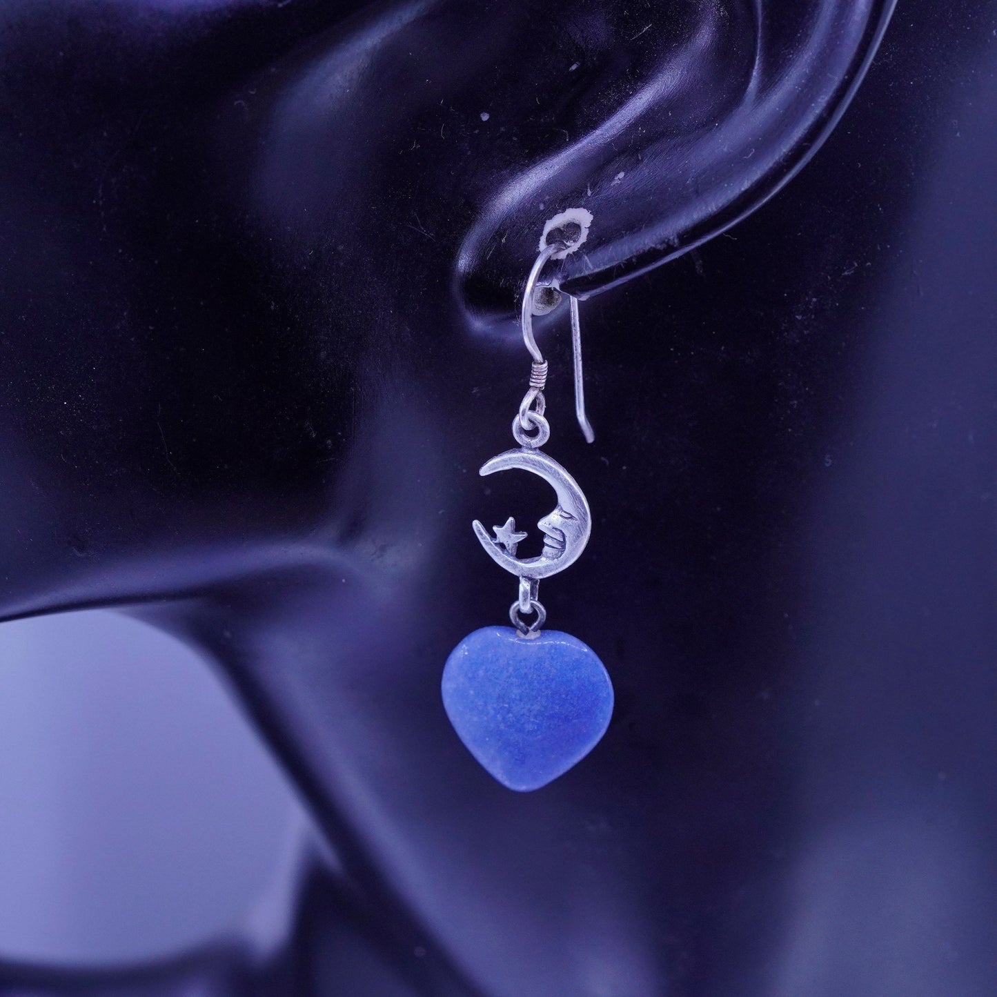 vtg jewelry | handmade Sterling 925 silver sodalite heart earrings moon face