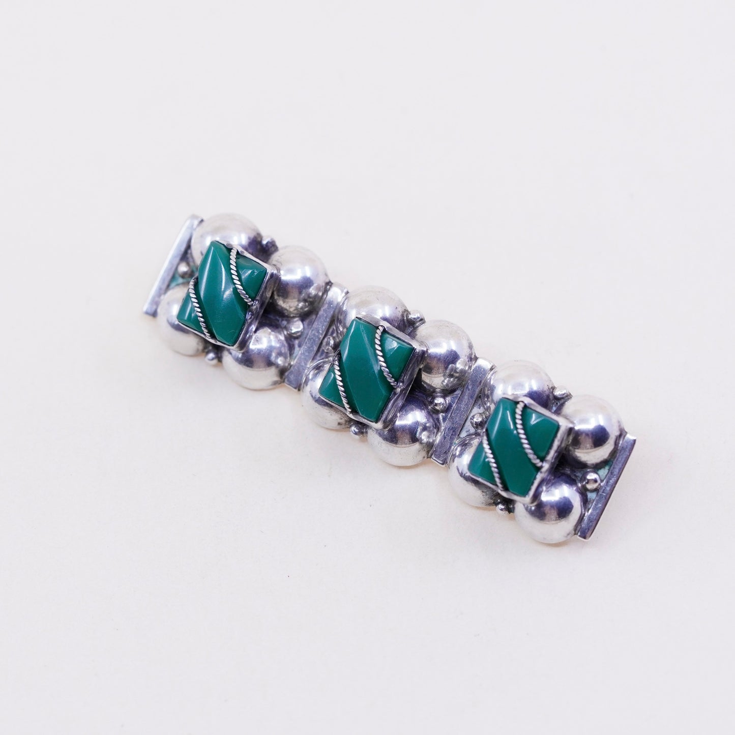 Vintage sterling silver handmade brooch, Mexico 925 pin with jade and beads