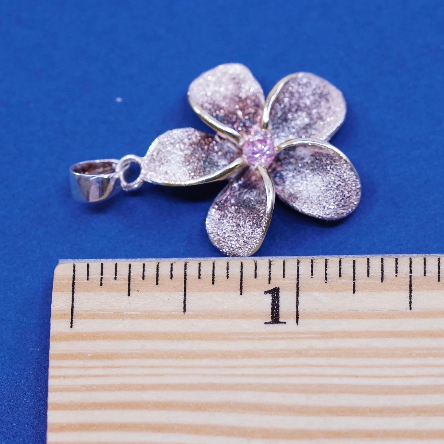 Vintage Sterling silver handmade pendant, 925 flower with pink, stamped 925