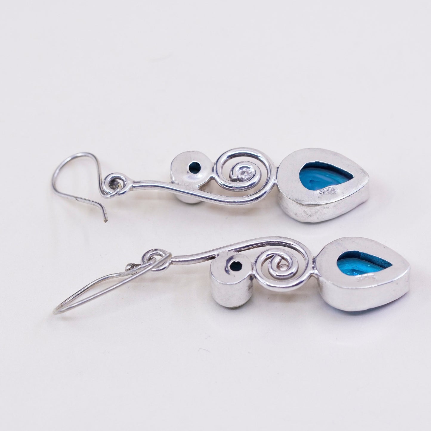 Vintage sterling silver handmade earrings, 925 with teardrop blue topaz drops