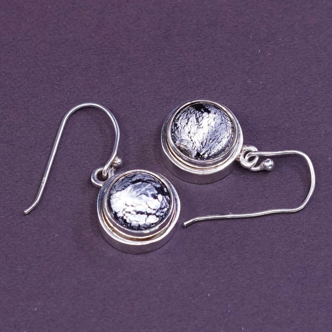 vtg sterling silver handmade earrings, 925 w/ black N white artisan glass drops