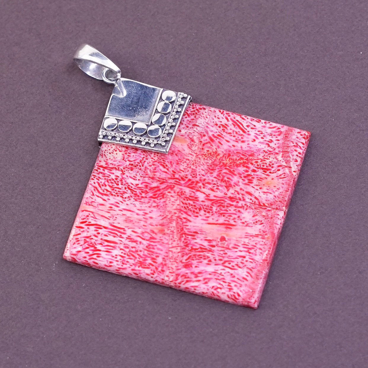 vtg Sterling silver handmade pendant, 925 w/ square discolored coral