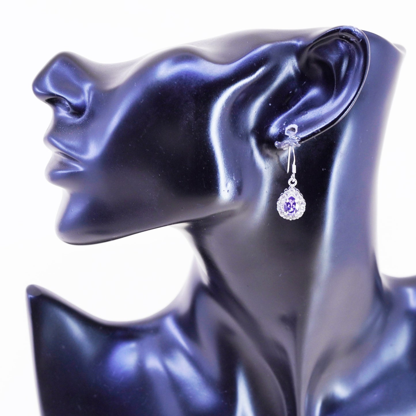 Vintage Sterling 925 silver handmade earrings, teardrop purple Cz dangles