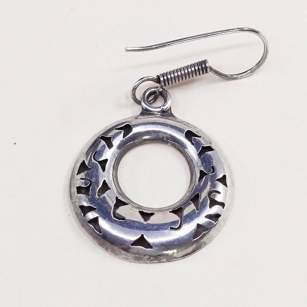 vtg Sterling silver handmade earrings, 925 silver circle disc dangles