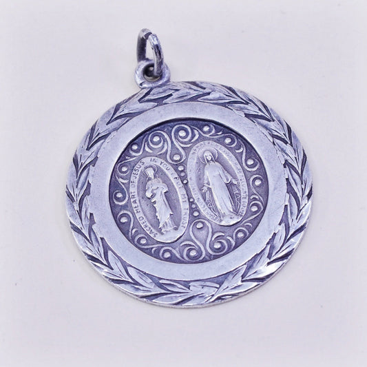 chapel sterling silver pendant, 925 circle charm embossed Jesus and virgin Mary