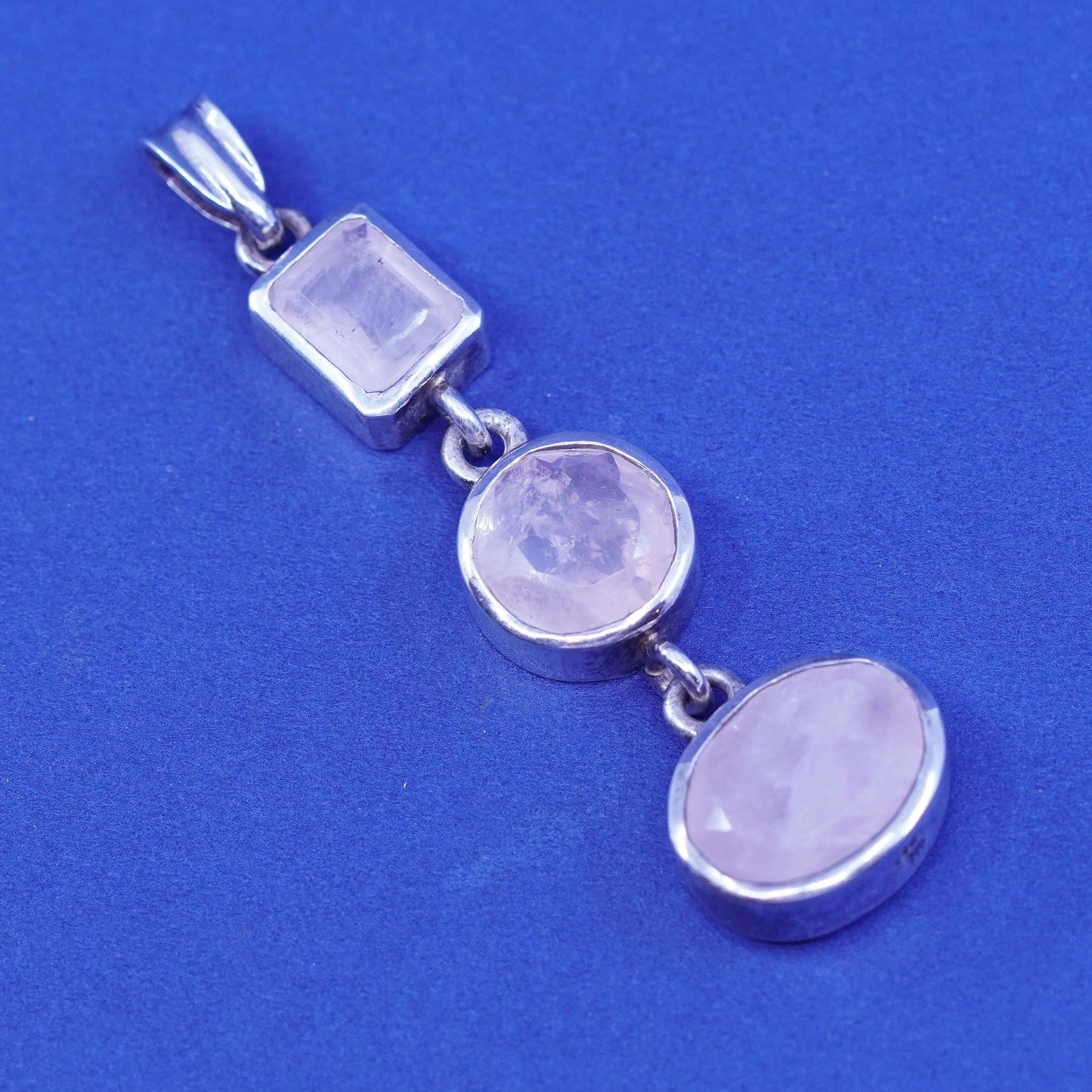 Vintage sterling silver handmade pendant, 950 w/ round rose pink Quartz