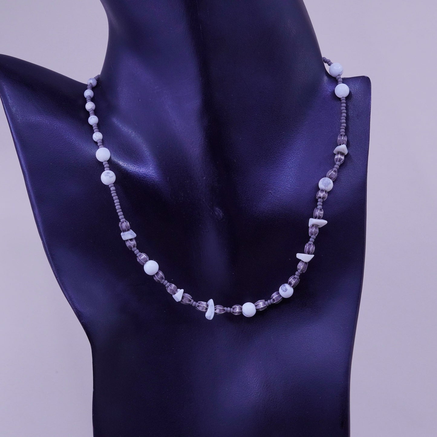 15”, Vintage Sterling silver handmade beads necklace, with howlite beads