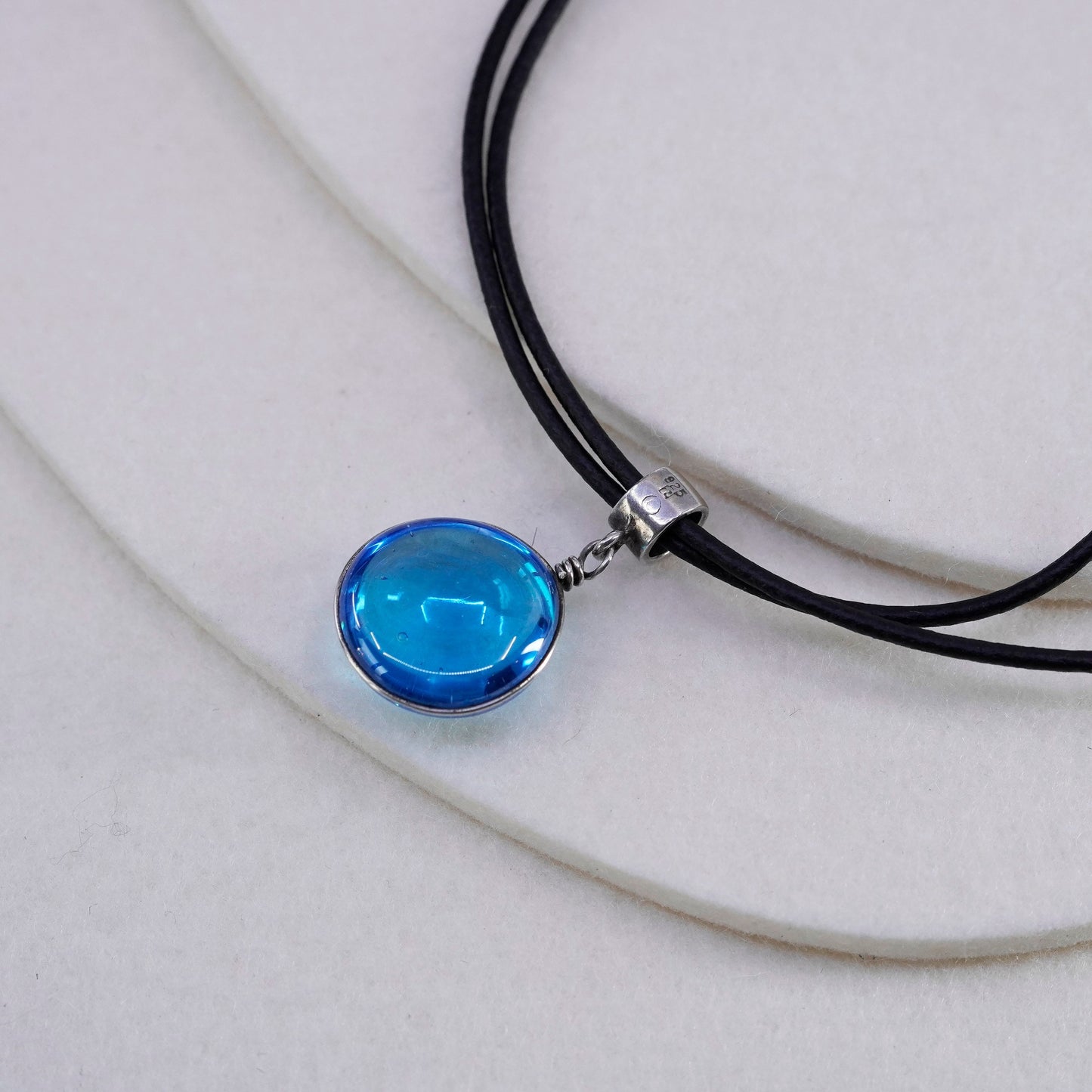 14+2”, 925 Sterling Silver Handmade black Leather Necklace with blue glass