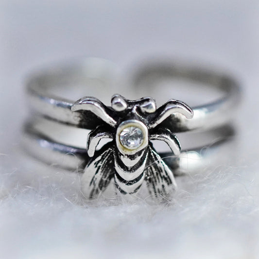 Size 1.5, Vintage sterling 925 silver handmade bee pinky ring with cz