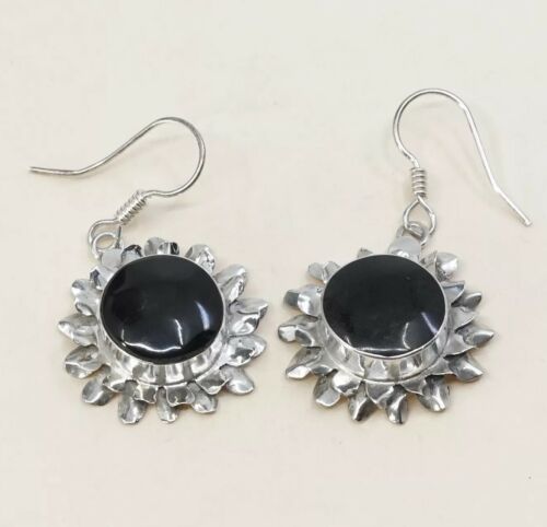 Vtg Sterling Silver Handmade Earrings, 925 Silver Sunflower W/ Obsidian Inlay