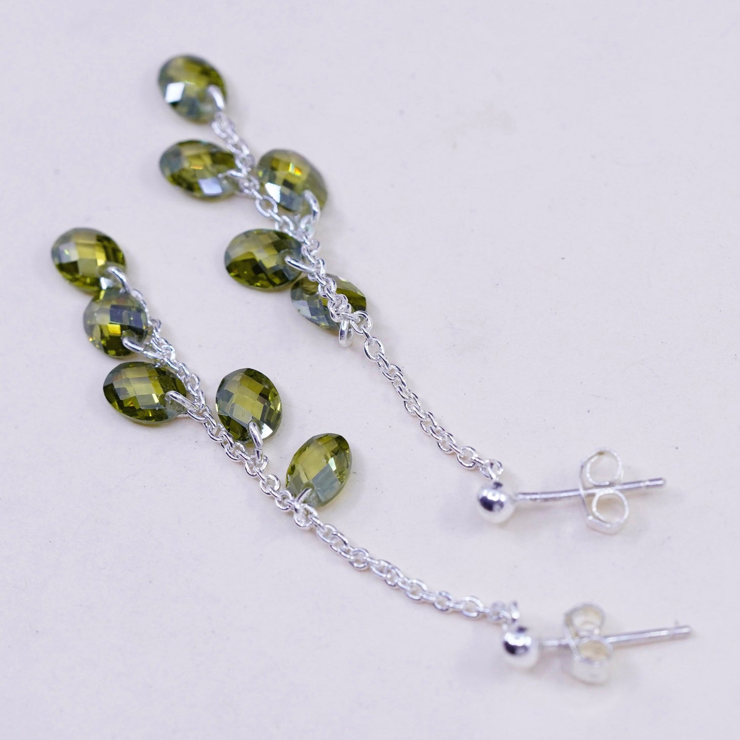 Vintage sterling 925 silver handmade earrings with cluster olive green crystal