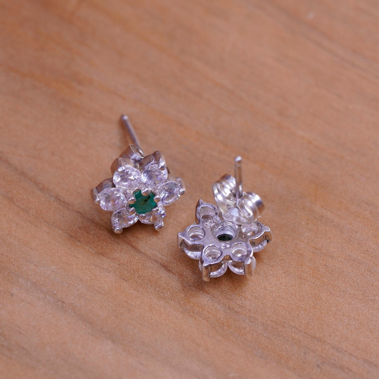 Vintage Vermeil Sterling silver clear flower studs earrings with cz and emerald