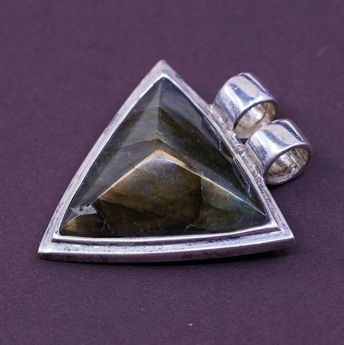 vtg Sterling silver handmade pendant, geometrical 925 w/ labradorite