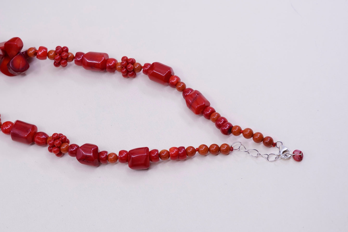 22”, native america heishi necklace, Chunky Red Coral chain sterling 925 silver