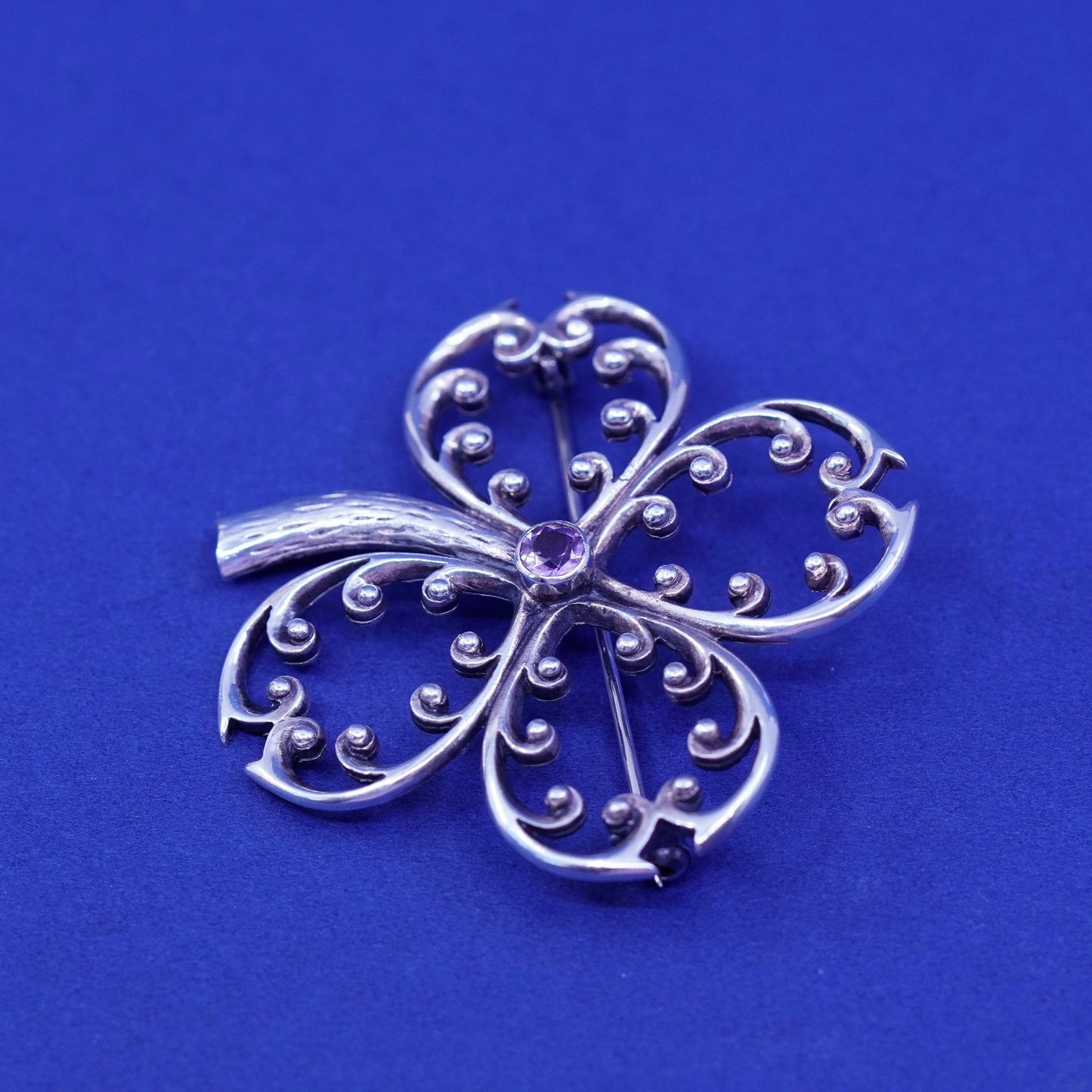 Vintage PSCL Sterling silver handmade brooch, 925 lucky clover flower amethyst