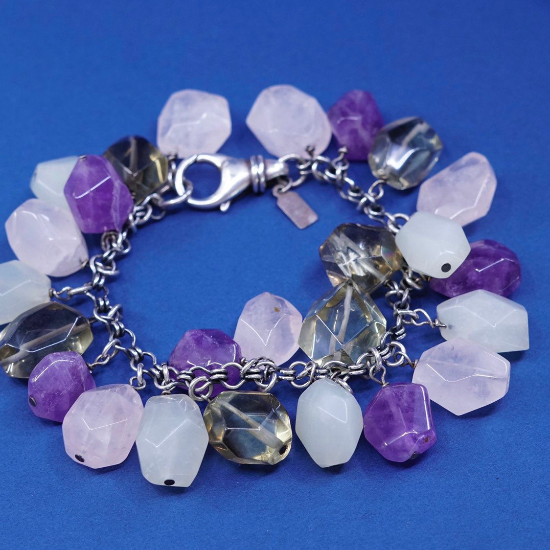 7", peyote bird sterling silver handmade bracelet amethyst pink quartz peridot