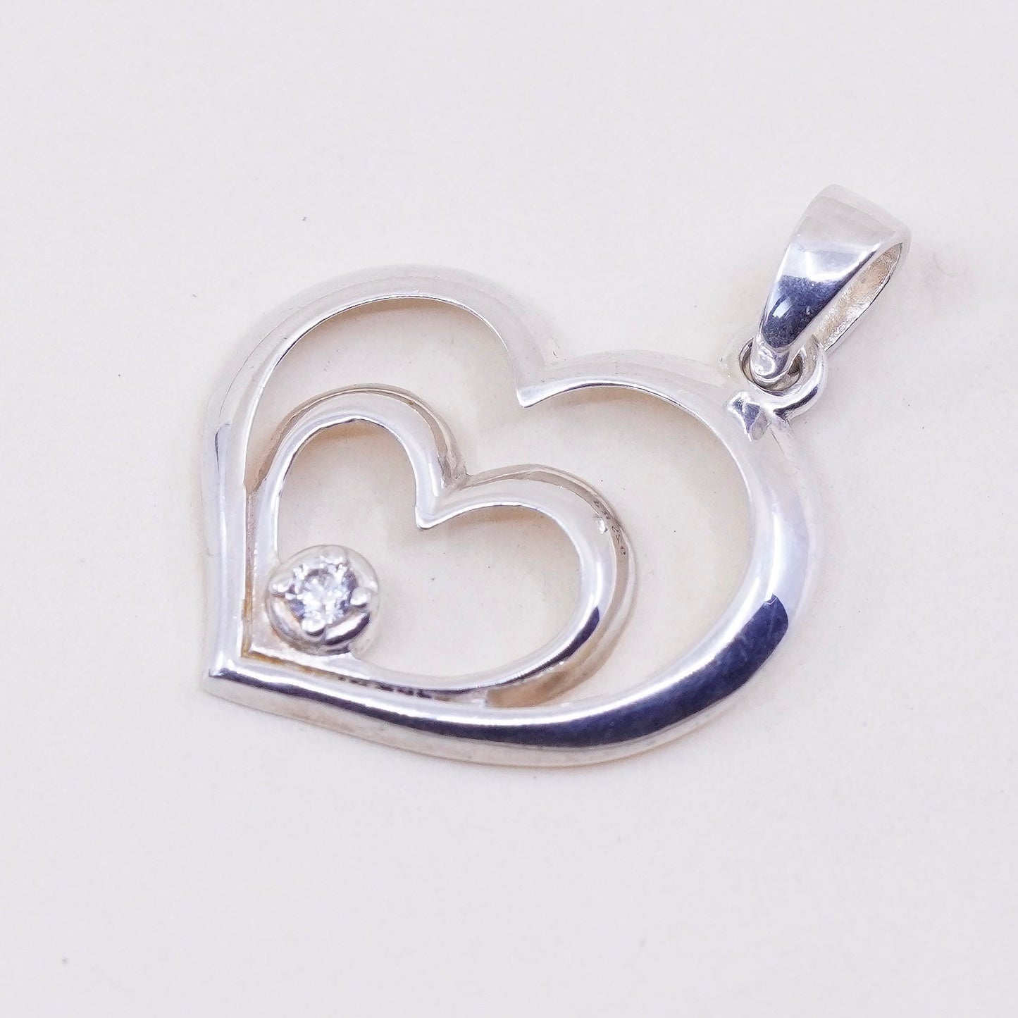 Vintage sterling silver pendant, 925 double hearts with Cz