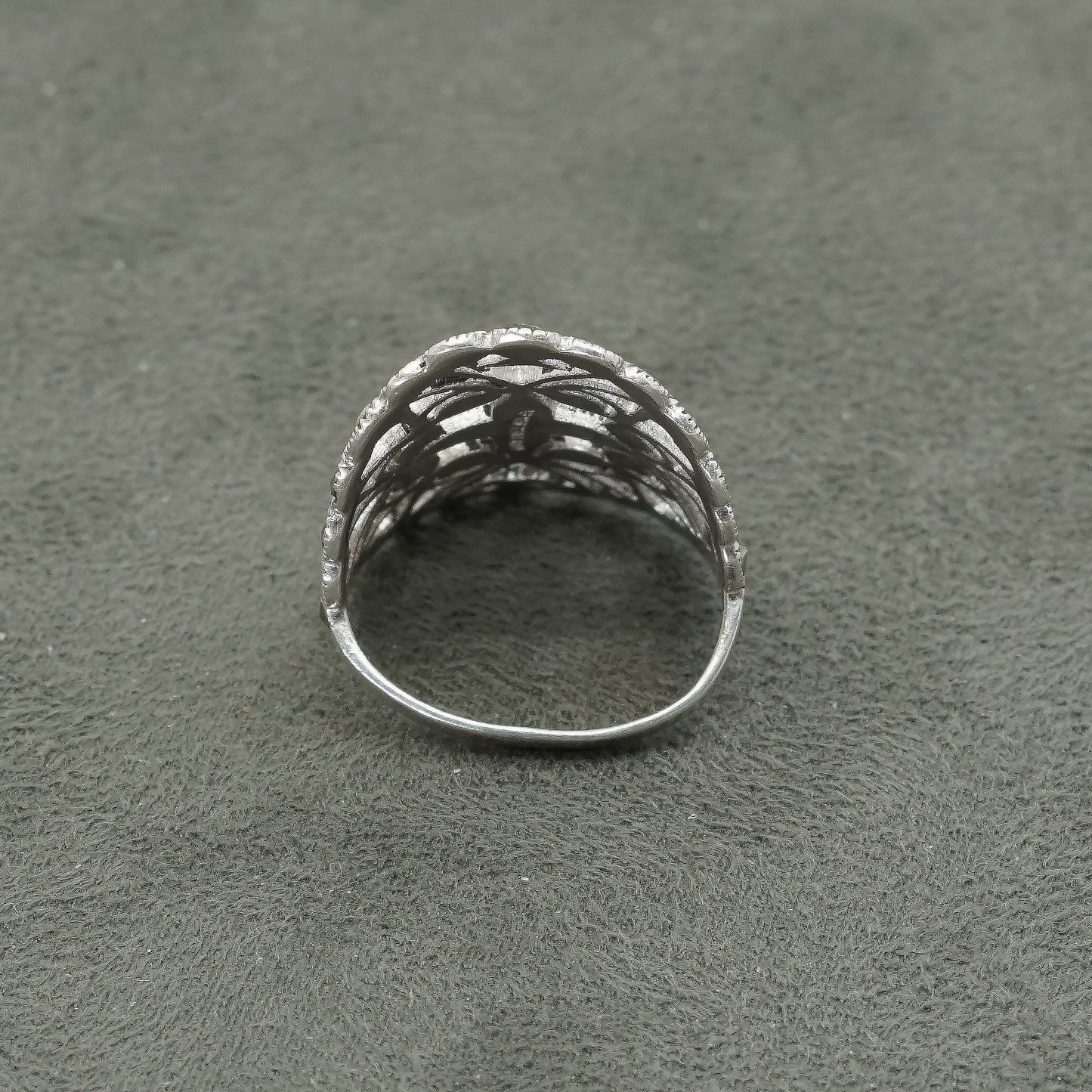 sz 5.75, vtg Sterling silver handmade ring, 925 filigree band w/ marcasite