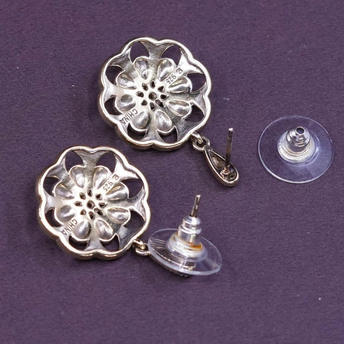 VTG vermeil gold over Sterling silver earrings, 925 flower with Diamond