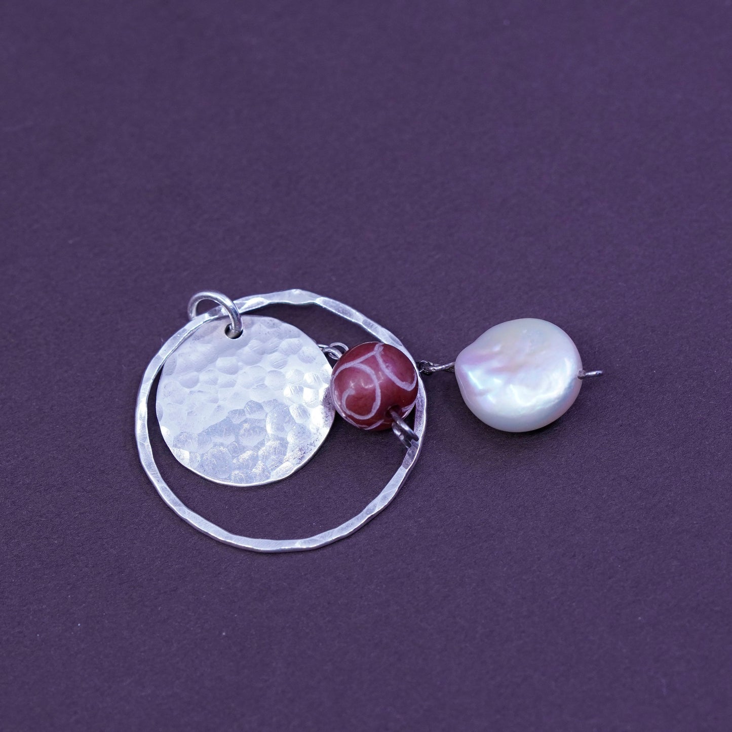 Sterling silver handmade pendant, 925 hammered circle with coin pearl