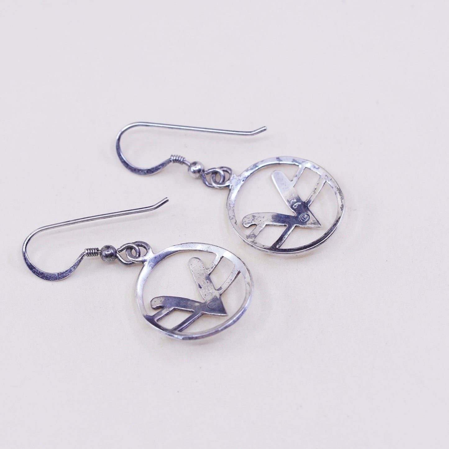 Sterling silver handmade earrings, Mexico 925 circle dangle with initial V