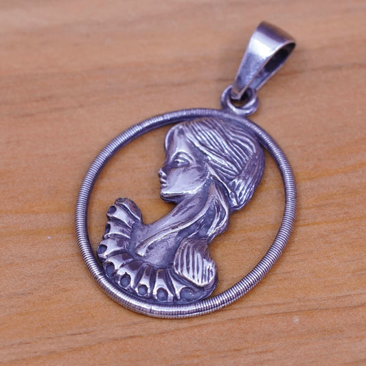 Vintage Sterling silver handmade oval pendant, 925 girl Portrait