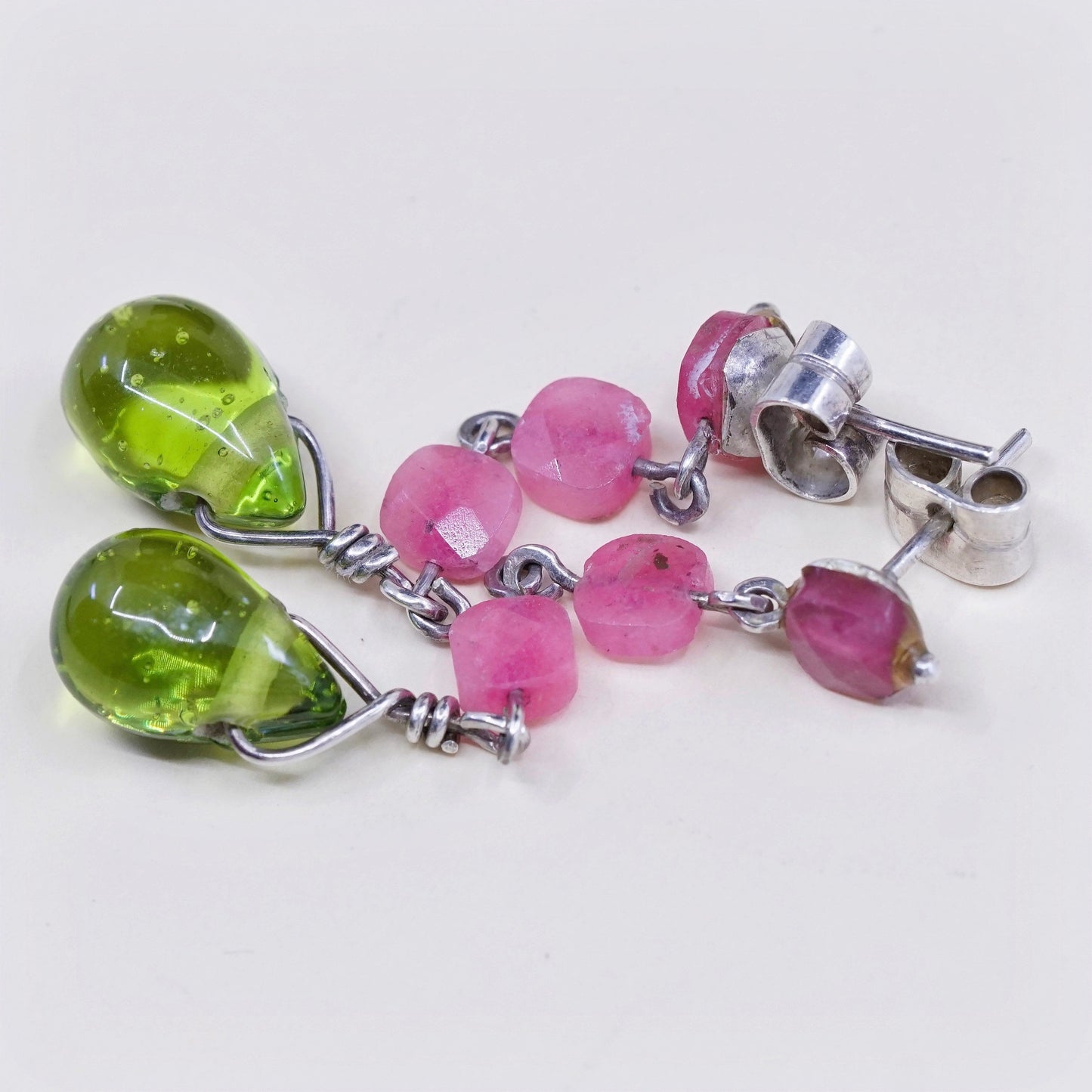 Sterling 925 silver handmade earrings w/ Indian ruby N green teardrop glass