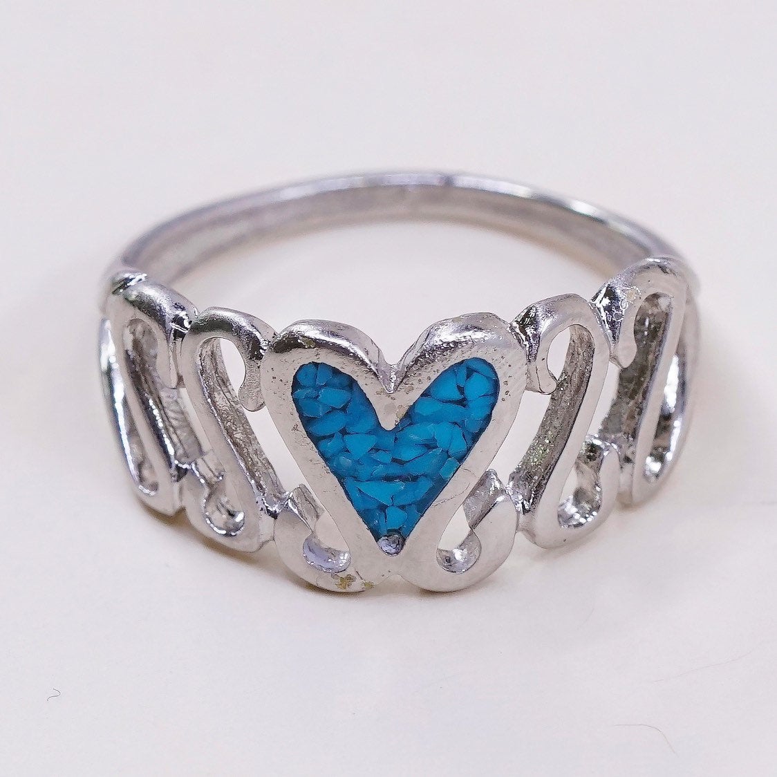 sz 9, vtg Sterling silver handmade ring, 925 band w/ turquoise heart