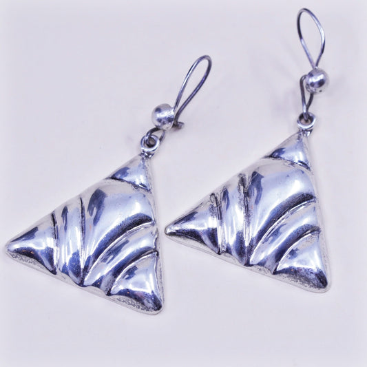 Vintage handmade puffy sterling 925 silver ribbed triangular earrings