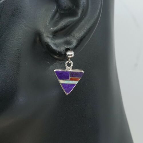 Vtg Zuni Sterling Silver Handmade Earrings, 925 Silver W/ Amethyst N Opal