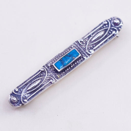 Vintage Boma Sterling 925 silver handmade brooch, long bar pin blue turquoise