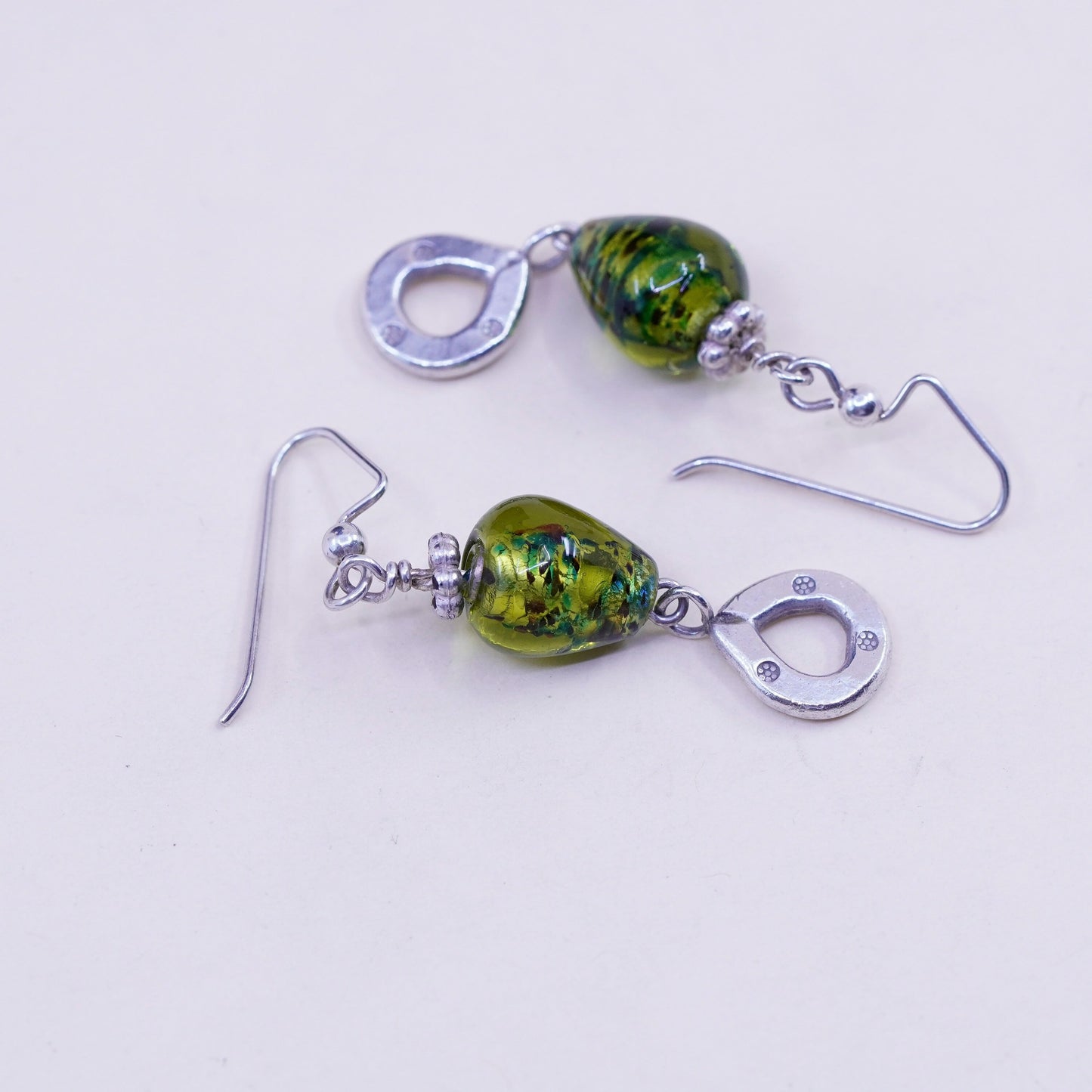 Vintage Sterling 925 silver handmade earrings with green teardrop glass dangles