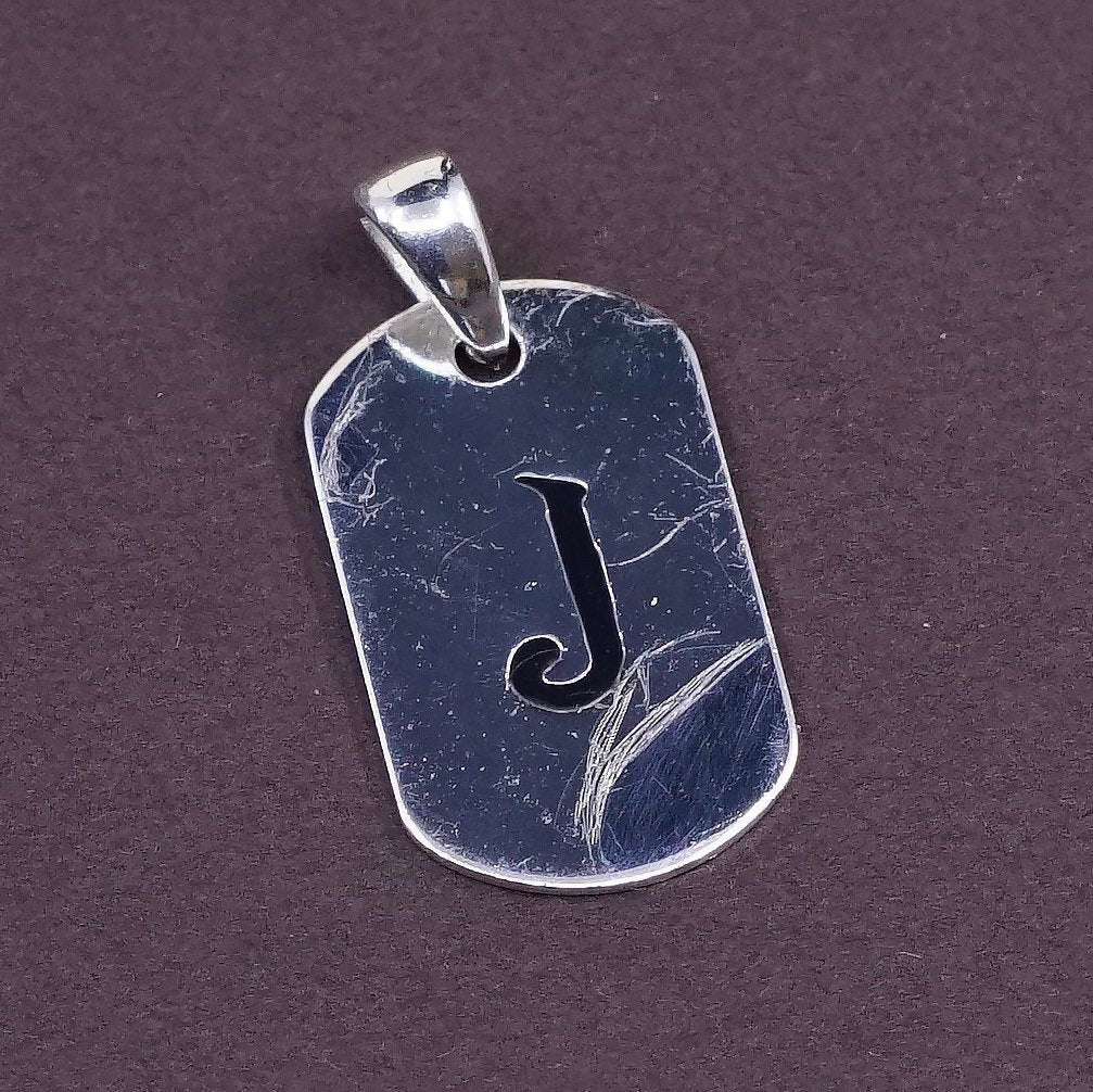 vtg Sterling silver initial pendant, 925 tag embossed J