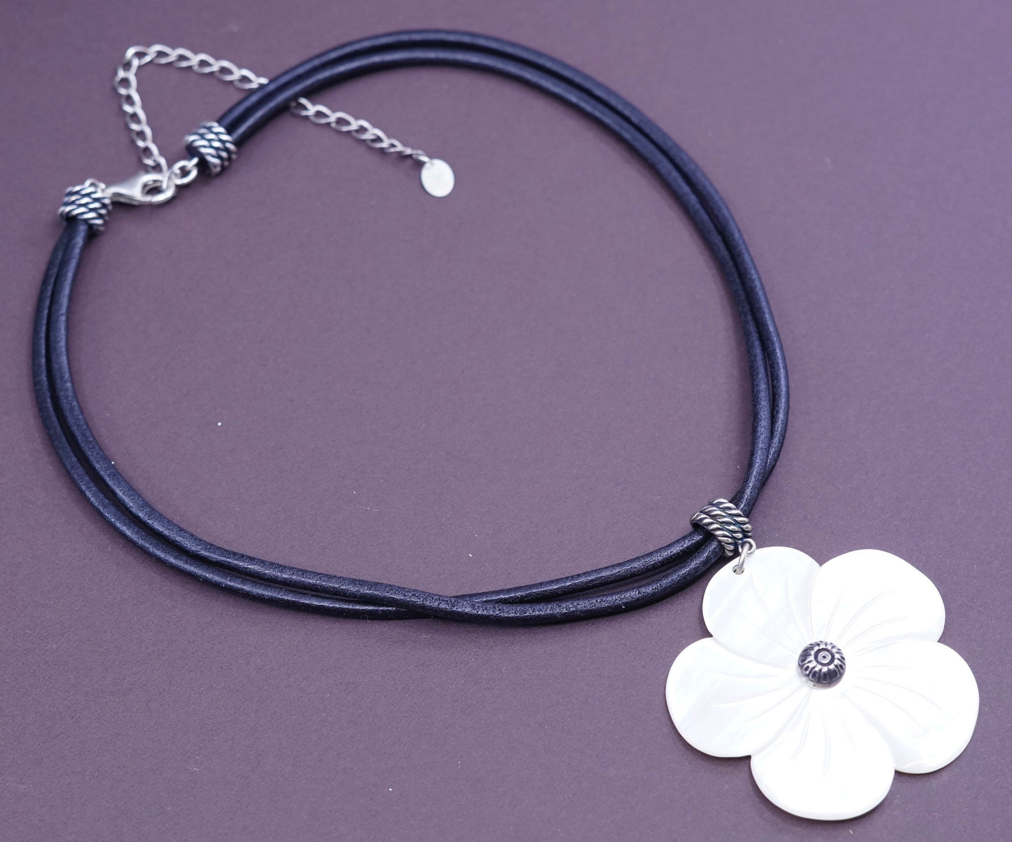 14+4”, multi strands leather necklace sterling 925 silver MOP flower pendants