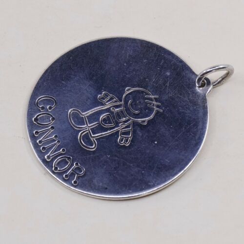 Vtg Lucy Ann Sterling Silver Pendant, Round Tag Charm Embossed A Boy Connor