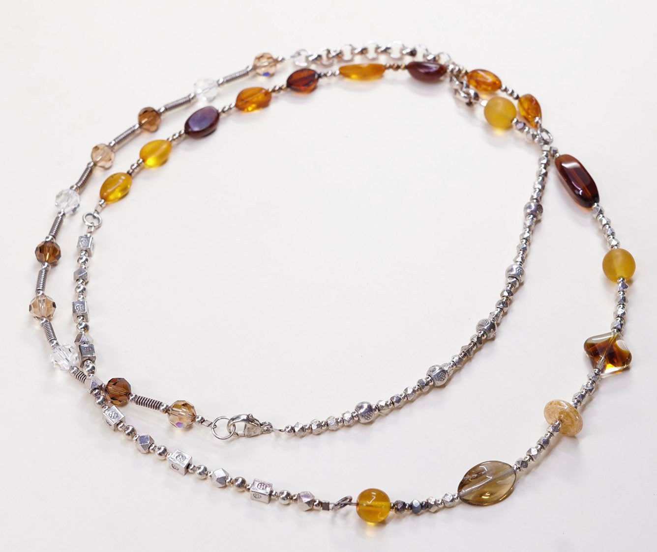 40", vtg Sterling silver clasp w/ natural crystal and amber beads necklace