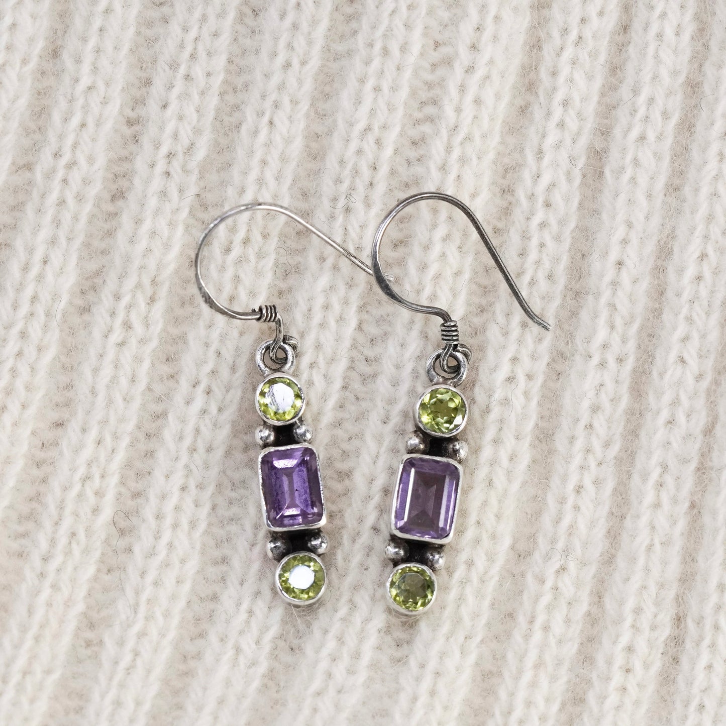 Vintage sterling 925 silver handmade earrings with amethyst peridot