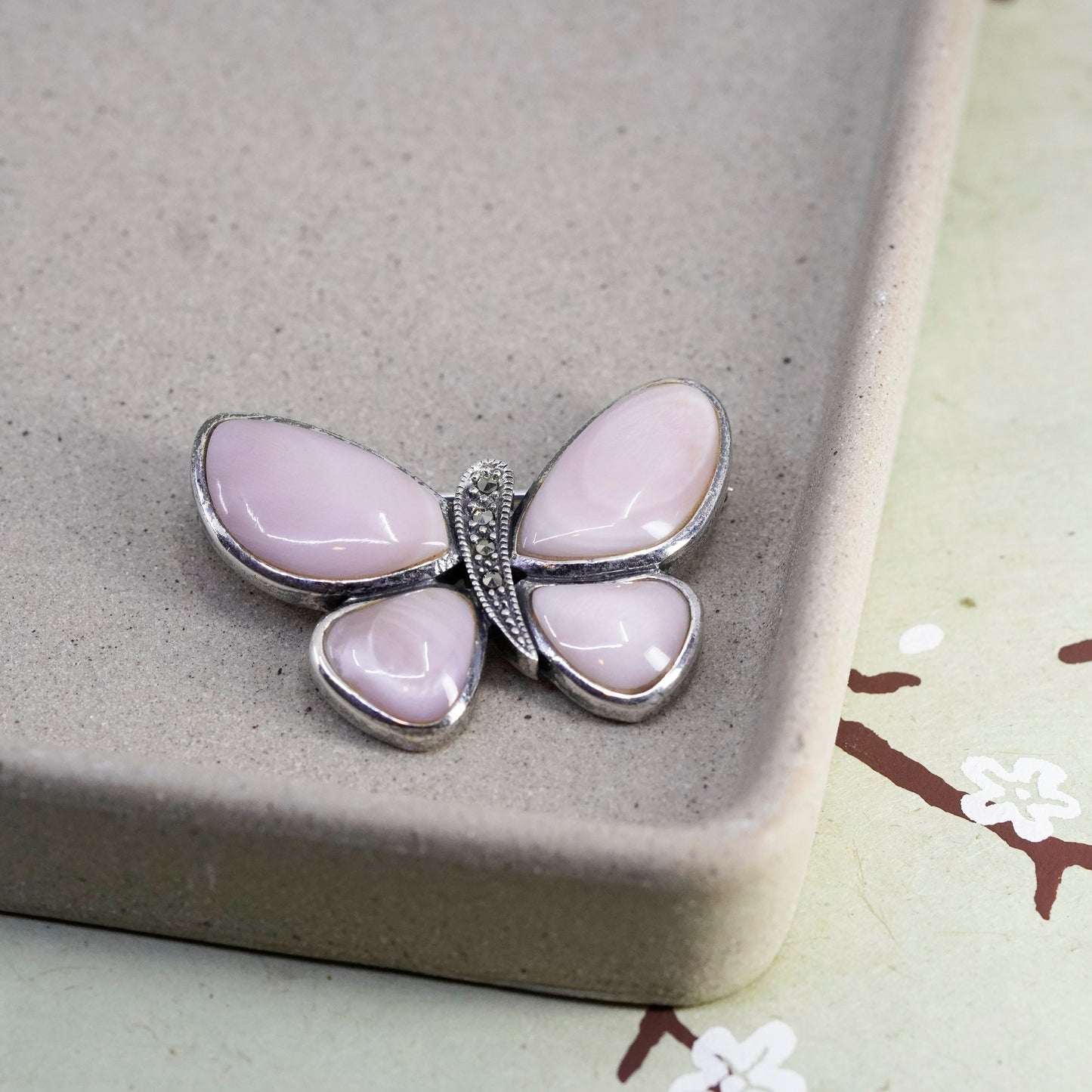 Sterling silver handmade brooch, 925 butterfly pin mother of pearl marcasite