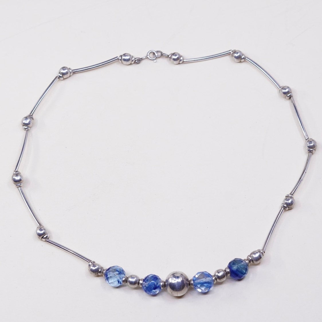 20", vtg Sterling silver handmade necklace, 925 bar, heads w/ blue crystal