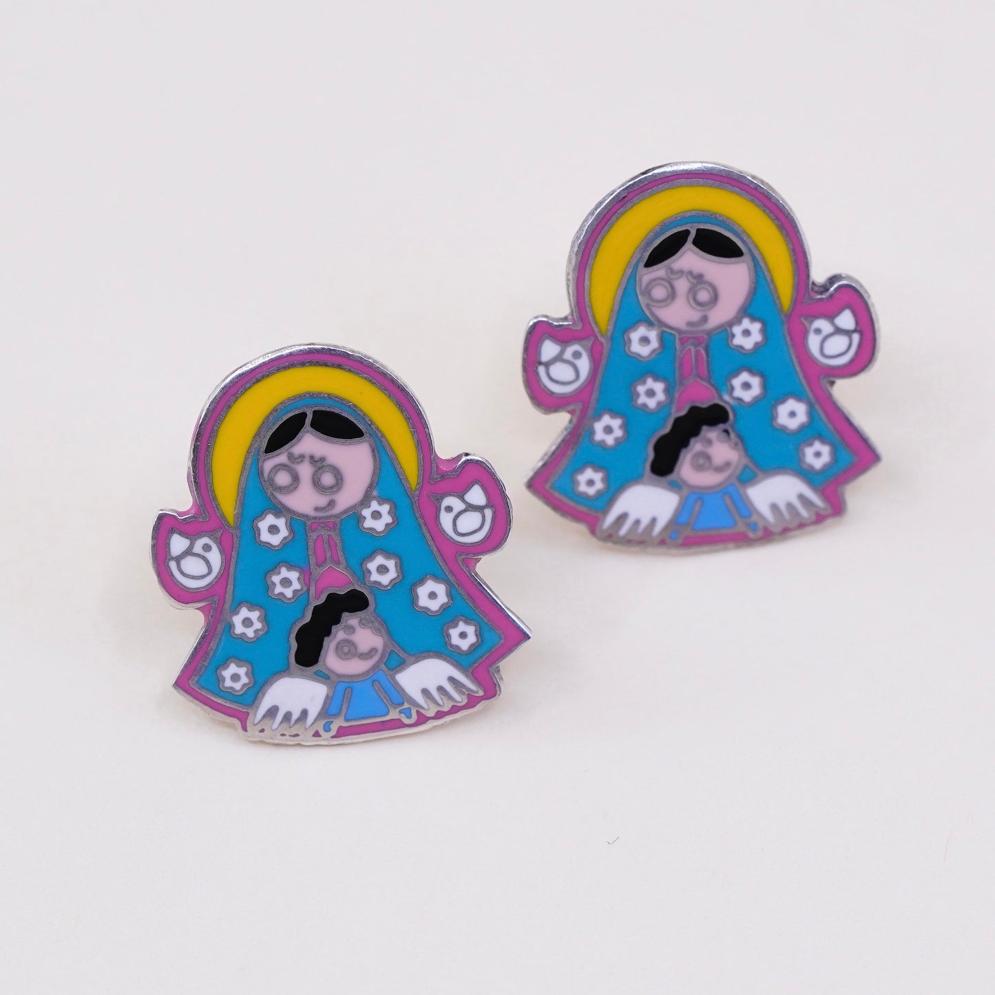 Sterling silver handmade earrings, 925 studs w/ enamel Virgin Mary and Jesus